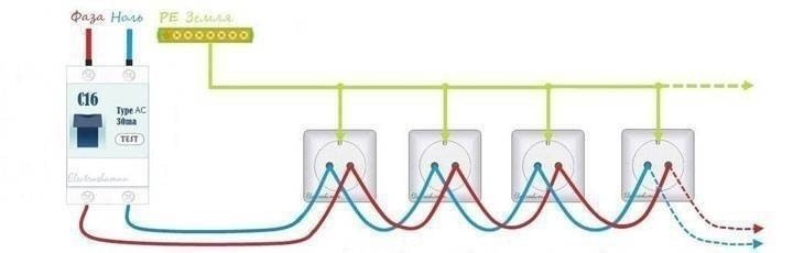 Схема подключения двух розеток к одному проводу